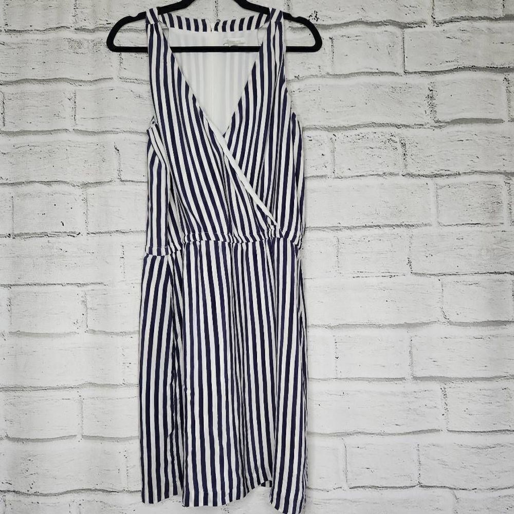 Garnet Hill Silk Lined Stripe Sleeveless Faux Wrap Dress Blue and White Size 12
